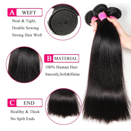 12A Human Hair Bundles Straight 100% Unprocessed Brazilian Virgin Hair Weave 4 Bundles Silky Black Hair for Black Women 12 14 16 18 Inch