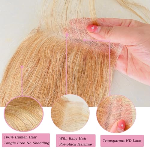 Honey Blonde Closure 5X5 Lace Closure Color #27 Closure 10a Human Hair Natural-Hair-Line Pre Plucked With BabyHair 22 Inch