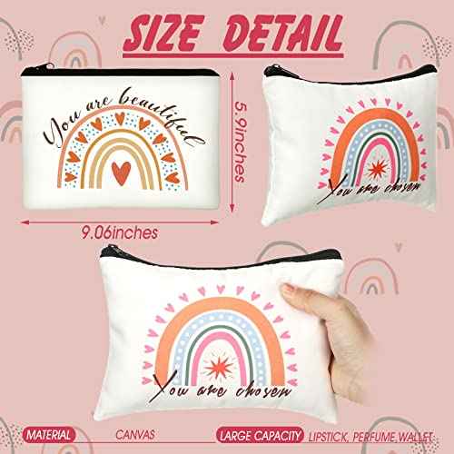 Mumufy 50 Pcs Rainbow Cosmetic Bags for Women Bulk Inspirational Makeup Bags Gift with Zipper Motivational Quotes Travel Canvas Waterproof Pouch for Women Teacher Christmas Party Supplies