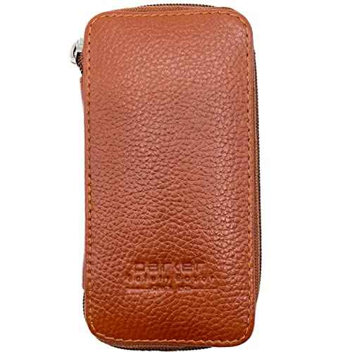 Parker Saddle?Brown Leather Double Edge Safety Razor Case with Blade Compartment ? Zip Travel Pouch