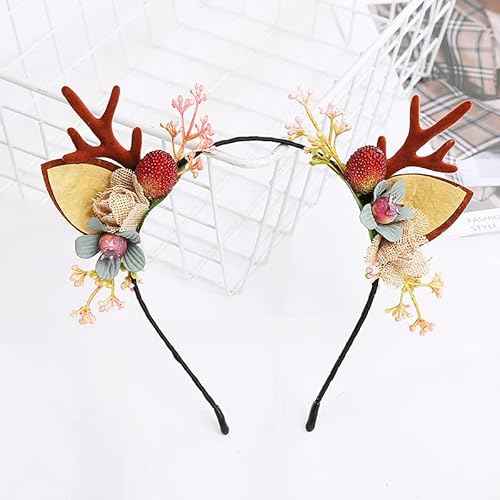 QUUPY Christmas Deer Antlers Flower Berry Headband Crown Floral Headband Christmas Boho Headdress Party Headwear Hair Hoop Christmas Hair Accessories for Women Girls