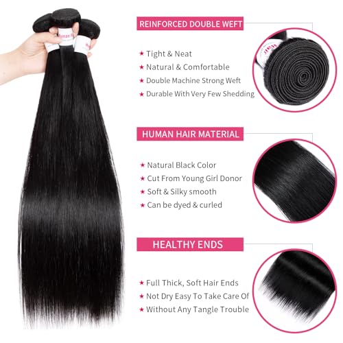 12A Straight Bundles Human Hair 16 16 16 Inch 100% Unprocessed Brazilian Virgin Hair Bundles Straight Hair 3 Bundles Weave Bundles Human Hair Extension