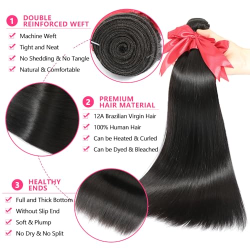 12A Straight Bundles Human Hair with 5x5 Closure 18 20 22+16 Inch Brazilian Human Hair Weave Bundles with 5x5 HD Lace Closure 100% Unprocessed Virgin Hair Extensions