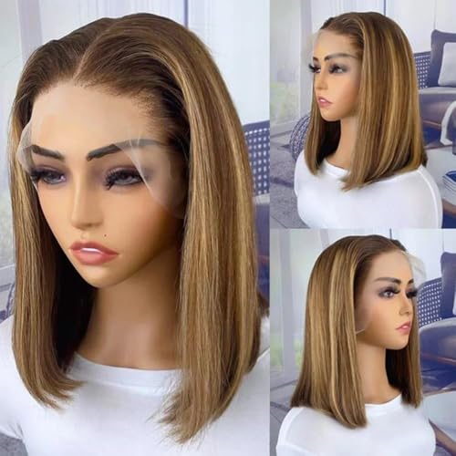 Short Honey Blonde Bob Lace Front Wigs for Black Women highlight wig Human Hair Pre Plucked with Baby Hair Glueless Wear and Go 180% Density 14 Inch