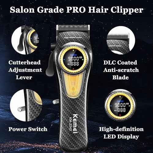 KEMEI 2242 Professional Hair Clippers for Men, Cordless Barber Clipper with LED Display & Charging Base, Hair Cutting Tools, 9000 RPM Super Torque Motor, Black