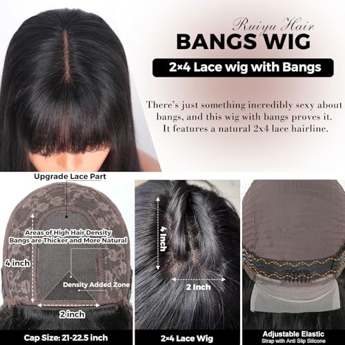Ruiyu Straight Human Hair Wigs with Bangs 180% Density 2x4 Lace Front Wigs with Bangs Closure Wear and Go Glueless Wigs 100% Brazilian Virgin Human Hair Wigs for Women 16 Inch