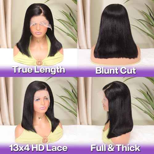Bob Wig Human Hair 13x4 HD Lace Frontal Short Straight Lace Front Bob Wigs for Black Women Human Hair Pre Plucked Glueless Side Part 180% Density Black Color 14 Inch