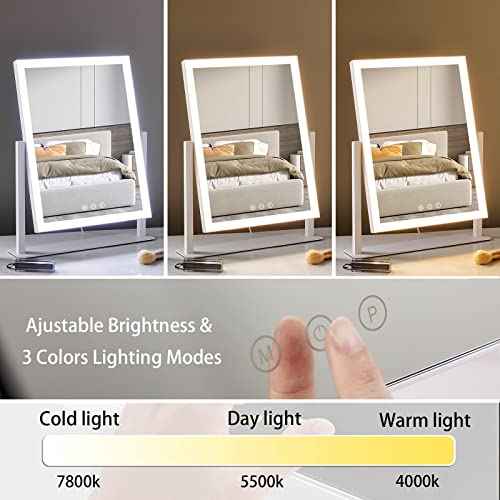 HIEEY Lighted Makeup Mirror, Hollywood Vanity Mirror with Lights, Three Color Lighting Modes, and 5X Magnification Mirror, Smart Touch Control, 360¡ÆRotation (17.3in,White,Gift Box)