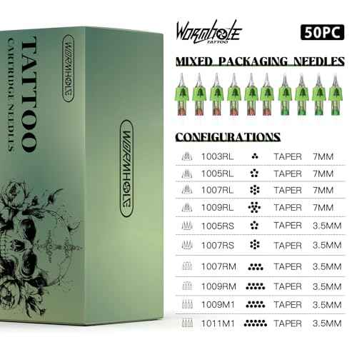 Wormhole Tattoo Cartridge Needles, 50pcs Mixed Disposable Tattoo Needles Tattoo Finger Ledge Cartridges #12 Round Liner Magnum Round Shader 3RL 5RL 7RL 9RL 5RS 7RS 7RM 9RM 9M1 11M1 for Tattoo Gun