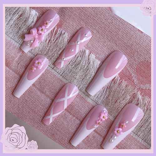 Pink Press On Nails with Nail Charms, press on nails medium for Girls, nail press ons for Women, square press on nails for her, press on nails kit Gel Like, Valentine's Day Gift,Pearl-24pcs