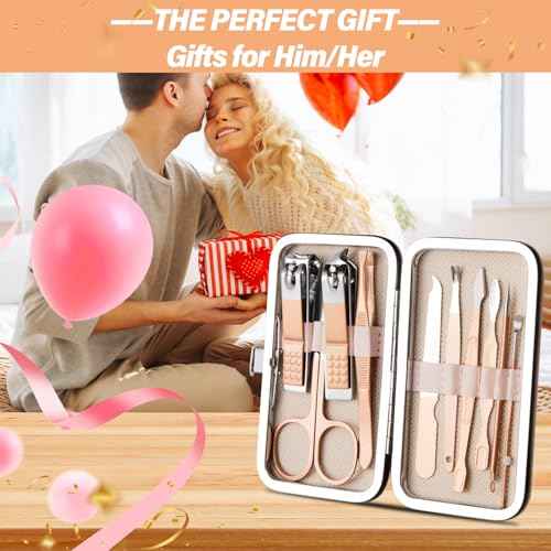 Manicure Set 10 in 1 Nail Clippers Kit Gifts for Men and Women, Fingernail Clipper Stainless Steel Nail Care Tools with Leather Travel Case (Gold)