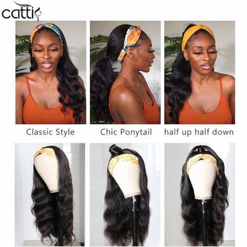 catti Body Wave Headband Wig Human Hair for Black Women Glueless None Lace Front Wigs Human Hair 9A Brizilian Virgin Hair Machine Made Headband Half Wigs Human Hair 150% Density (22" Headband wigs)