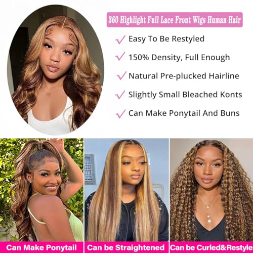 360 Lace Front Wigs Human Hair Full Lace Human hair Wigs Ombre Lace Frontal 180 Density 4/27 Colored Honey Blonde 360 HD Transparent Wigs for Black Women (14 Inch)