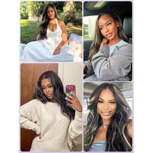 Black With Blonde Highlight Body Wave Single Bundles Human Hair 18 In, Blonde Highlight Skunk Stripe Bundles Thick Track Sew In # F1B/613 Ombre Balayage Colored Brazilian Quick Weave Sew In Remy