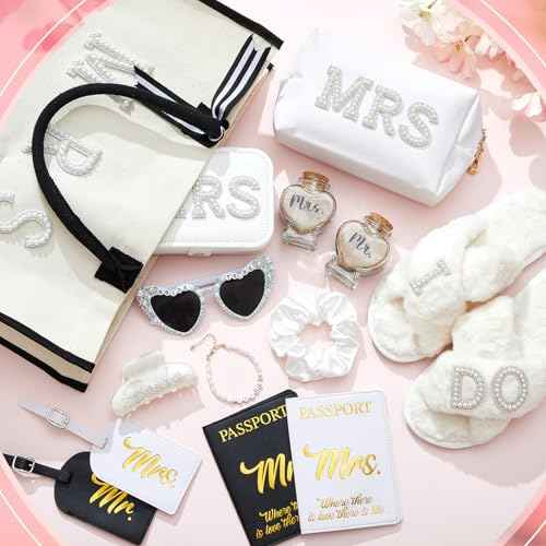 14 Pcs Bridal Shower Gifts Set Including Mrs Mr Travel Passport Tag Tote Cosmetic Bag Jewelry Box Claw Hair Clip Hair Tie Heart Sunglasses for Honeymoon Wedding Supplies(Women 9-10)