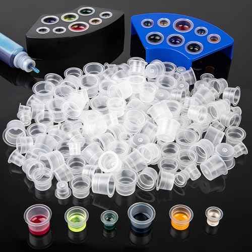 Tattoo Ink Caps Kit, 500 PCS SML Mixed Size Tattoo Ink Cups with 2 Ink Cap Holders, Disposable Plastic Pigment Caps for Tattooing Set Tatoo Supplies Accessories