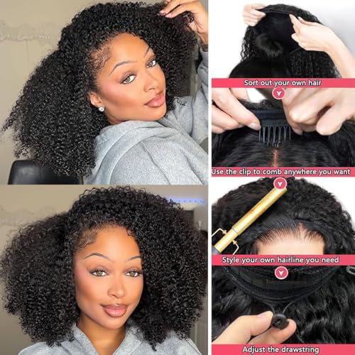 XSY Curly Half Wig Human Hair 16 Inch Kinky Curly Half Wig 200% Density 3 In 1 Drawstring Seamless Flip Over Glueless Wear and Go Half Wigs for Black Women Beginner Friendly Natural Black