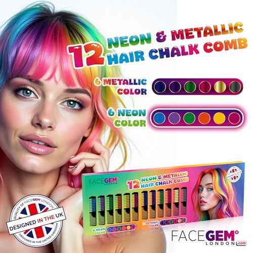 12 Hair chalks comb, 12 NEON & METALLIC hair chalk, Non-Toxic Easy Washable Hair Dye Colourful, METALLIC & NEON hair chalk -Perfect for Festivals, Halloween, Party, hair chalks for girls