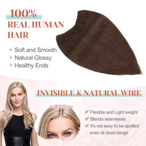 Benehair Brown Halo Hair Extensions Remy Human Hair, 18 Inch Invisible Wire Hair Extensions for Adding Volume Hair Halo Extensions For Women #02 Dark Brown