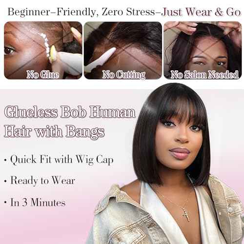 Bob Human Hair Wig with Bangs Silky Straight Glueless Wigs Human Hair 150% Density Black Bob Wig with Bangs None Lace Machine Made Wigs for Black Women 14Inch