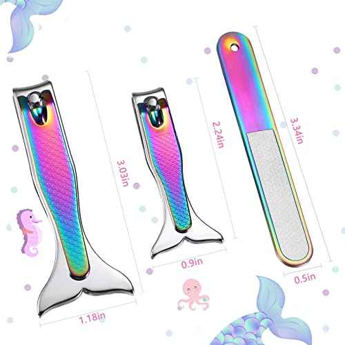 Honoson 4 Pieces Mermaid Nail Clipper Set Stainless Steel Nail Cutter Cute Mermaid Clippers Sturdy Fingernails and Toenail Cutter File Birthday Stocking Stuffers Christmas Gifts for Women