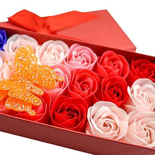 JIALEEY 33 PCS Floral Scented Bath Soap Rose Flower Petals, Plant Essential Oil Rose Soap Set Gifts Ideas for Her Women Girls Mom Valentine's Day, Red Gift Box