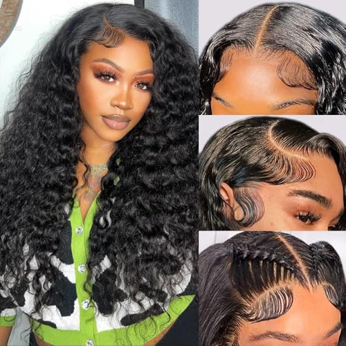 FIRIEYA Deep Wave Lace Front Wigs Human Hair Wigs for Black Women 180% Density 4X4 HD Transparent Lace Closure Human Hair Wigs for Black Women Glueless Natural Color(22 Inch)