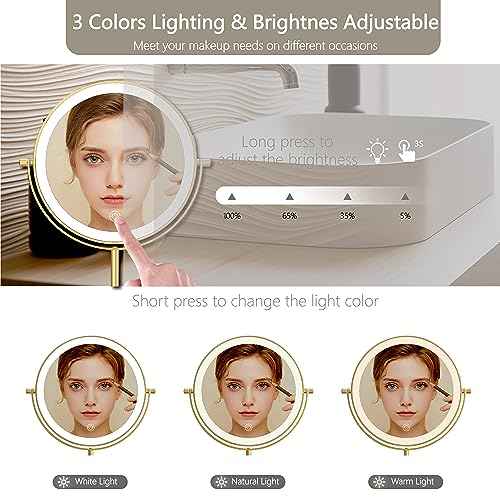 8" Lighted Makeup Mirror, 1X/10X Magnification, Double Sided Dimmable, Rechargeable & Height Adjustable, Cordless Vanity Mirror (Gold)