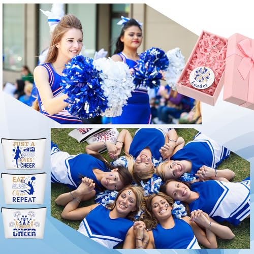 Lyrow 160 Pcs Cheerleader Gifts Bulk for Team Cheer Scrunchies Hair Ties Makeup Bag Cheer Mirror Bracelet Keychain Sticker for Back to School(Blue)