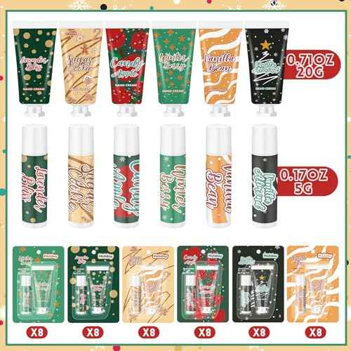 Loopeer 96pcs/48sets Christmas Hand Cream and Lip Balm Gift Sets for Women Travel Hand Lotions Moisturizing Lip Care Lipstick for Dry Cracked Christmas Stocking Stuffer Xmas Bulk Gift Coworker Adult
