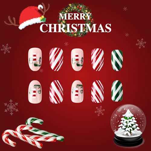Christmas Press on Nails Short Oval Fake Nail With Christmas Hat Designs Red Green Stripe Full Cover False Nails Xmas Glue on Nail Acrylic Winter Artificial Stick on Nail for Women 24 Pcs
