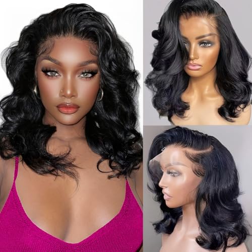 Bob Wig Human Hair 200 Density 13x6 Body Wave HD Lace Front Wigs Human Hair Glueless Lace Frontal Bob Wigs Short Bob Wigs for Black Women Pre Plucked with Baby Hair (14 inch, Bob Wig)