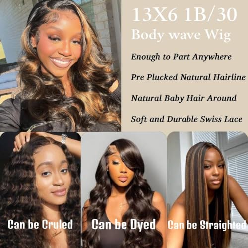13x6 Ombre Lace Front Wig Human Hair 1B/30 Highlight 180% Density Body Wave Brazilian Virgin Human Hair Wigs for Women Pre Plucked with Baby Hair 20Inch
