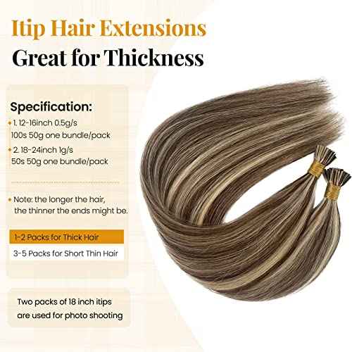 Hair Extensions Real Human Hair I Tip Extensions Bleach Blonde Highlighted Medium Brown Human Hair Extensions for Women 24 Inch Long Straight Brown and Blonde I Tips 50s 50g