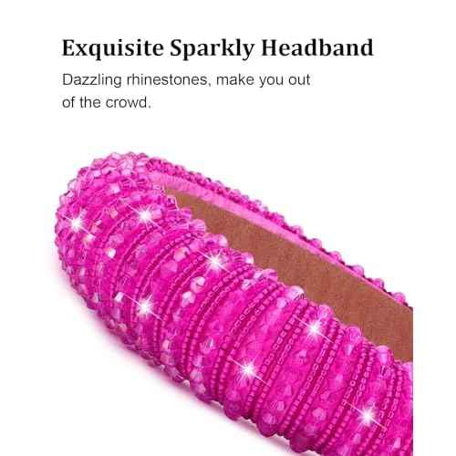 Wecoe 2pcs Pink Rose Red Rhinestone Headbands Women Girls Crystal Beaded Headband Fashion Cute Bling Sparkly Diamond Padded Thick Puffy Headbands Holiday Hair Accessories For Women Girls Gifts