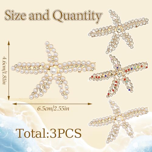 Starfish Rhinestone Hair Clips - 3PCS Seashell Crystal Barrettes Mermaid Accessories Head Pieces Glitter Hair Decoration for Women and Girls