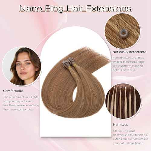 SEGO Nano Bead Hair Extensions Human Hair, 1g/Stand, 50g/pack, Add Volume, Length, and Highlights, Nano Nano Ring Tip Hair Extensions for Women, 16 Inch, Light Brown