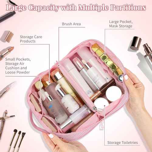 Travel Makeup Bag for Women, 2Pcs Portable Personalized Initial Makeup Organizer Bag, Open Flat Large Cosmetic Bag With Travel Essential Pouch (Pink Letter L)