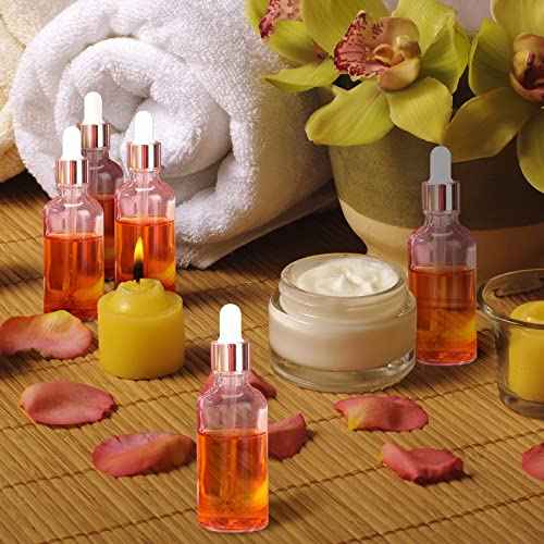 Nuogo 50 Pack Eye Dropper Bottle with Caps, 2oz Glass Bottles Bulk with 5 Droppers for Essential Oils, 3 Plastic Funnels, 30 Labels Stickers for Perfume Liquid Body Oil Beauty Oil(Pink)