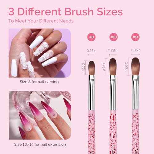 MelodySusie 3-Piece Acrylic Nail Brush Set - Sizes 8/10/14, Professional Nail Art Tool for Acrylic Application, Powder, Extension & 3D Carving - Pink