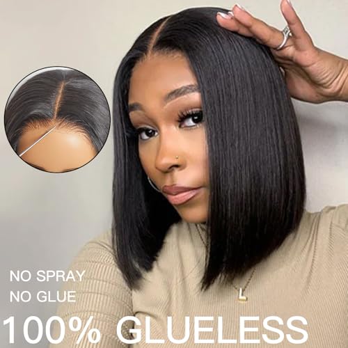 WEQUEEN Wear and Go Glueless Bob Wig Human Hair Pre Plucked Pre Cut 4x4 Skin-like Lace 250% Density Straight Short Bob Wig for Black Women 12 Inch