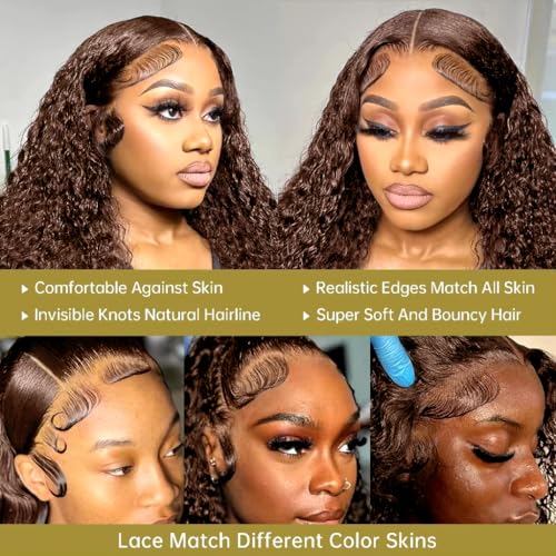13x6 Deep Wave HD Lace Front Wigs Human Hair 220% Density Chocolate Brown Curly Human Hair Wigs for Women HD Lace Front Wet and Wavy Wigs Pre Plucked Virgin Hair 20inch