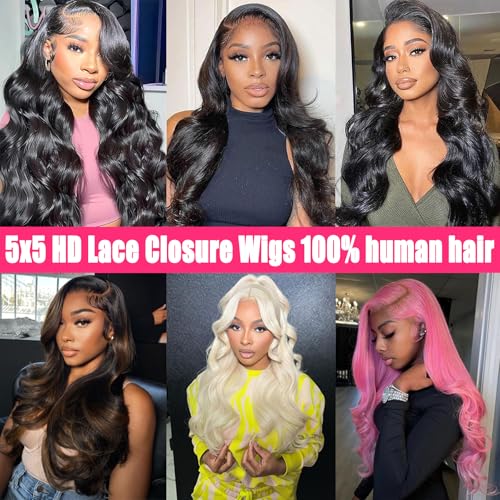 5x5 Glueless Wigs Wear and Go Wigs Human Hair Pre Plucked Lace Closure Wigs Human Hair Glueless Body Wave Lace Front Wigs Human Hair for Black Women Natural Color 180% Density 18 Inch