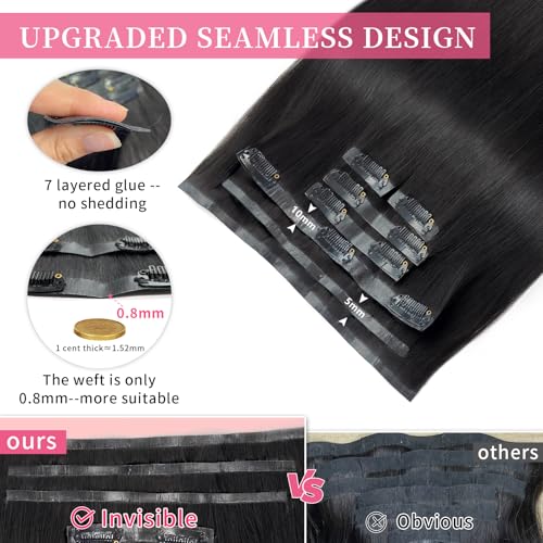 16 inch Seamless Clip in Hair Extensions Real Human Hair 110g 7pcs Invisible Soft PU Clip in Hair Extensions for Black Women Virgin Human Hair Extensions Clip ins 1B Natural Black Straight