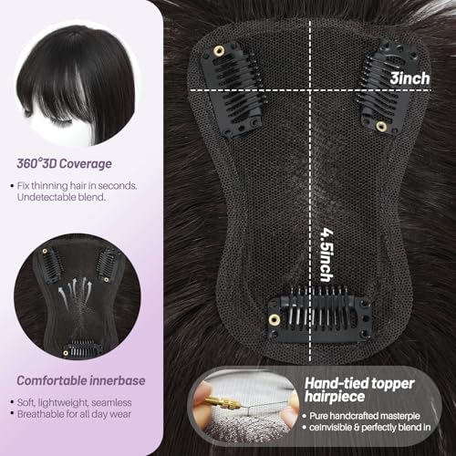 Hair Toppers for Women Real Human Hair Toppers with Bangs 4.5 * 3 Inch Upgrade Swiss Lace Base Human Toppers for Women with Thinning for Cover Gray Hair Roots£¨Dark Brown£©