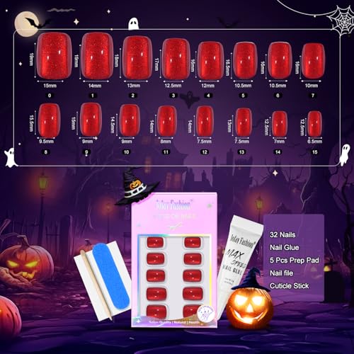 Press On Nails Short - Red Press On Nails Cat Eye Acrylic Square Halloween Nails with Nail Glue, Fit Perfectly Stick On Nails in 16 Sizes - 32PCS Soft Gel Kit,Crimson Fang