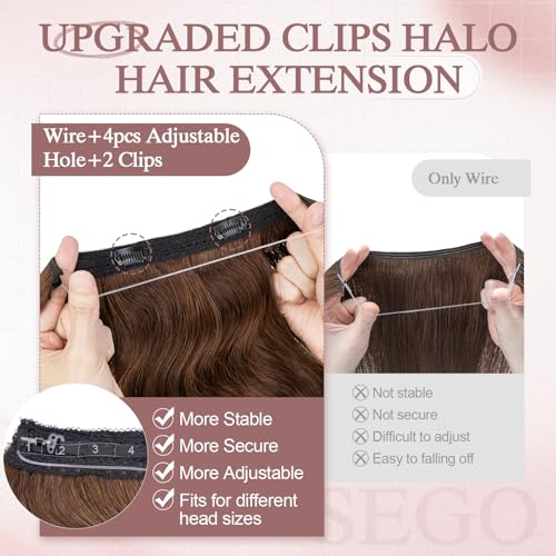 Halo Hair Extensions Real Human Hair Wavy Invisible Wire Hairpiece Adjustable One Piece With 2 Secure Clips For Women to Add Length,16 Inch 04 Chocolate Brown,65g