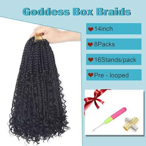 Goddess Bohemian Box Braids Crochet Hair - 14 Inch Curly Ends, 8 Packs Synthetic Braiding Hair Extensions for Black Women (14 Inch, 1B)