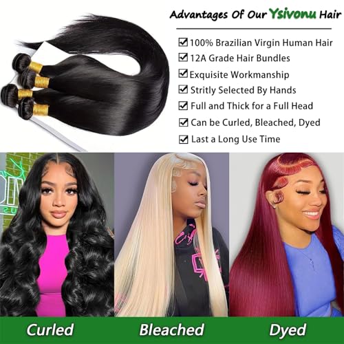 12A Human Hair Bundles Straight 14 16 18 20 Inch 100% Unprocessed Brazilian Remy Virgin Hair Quick Weave Sew In Raw Glossy Billion 4 Hair Bundles Human Hair Extensions for Women Natural Black Color