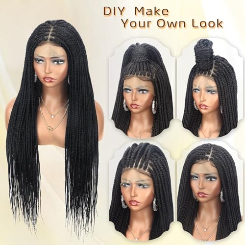 36" Full Lace Knotless Box Braided Wigs for Black Women Twisted Braids Lace Synthetic Frontal Black Cornrow Wig with Baby Hair, Lightweight (1B)